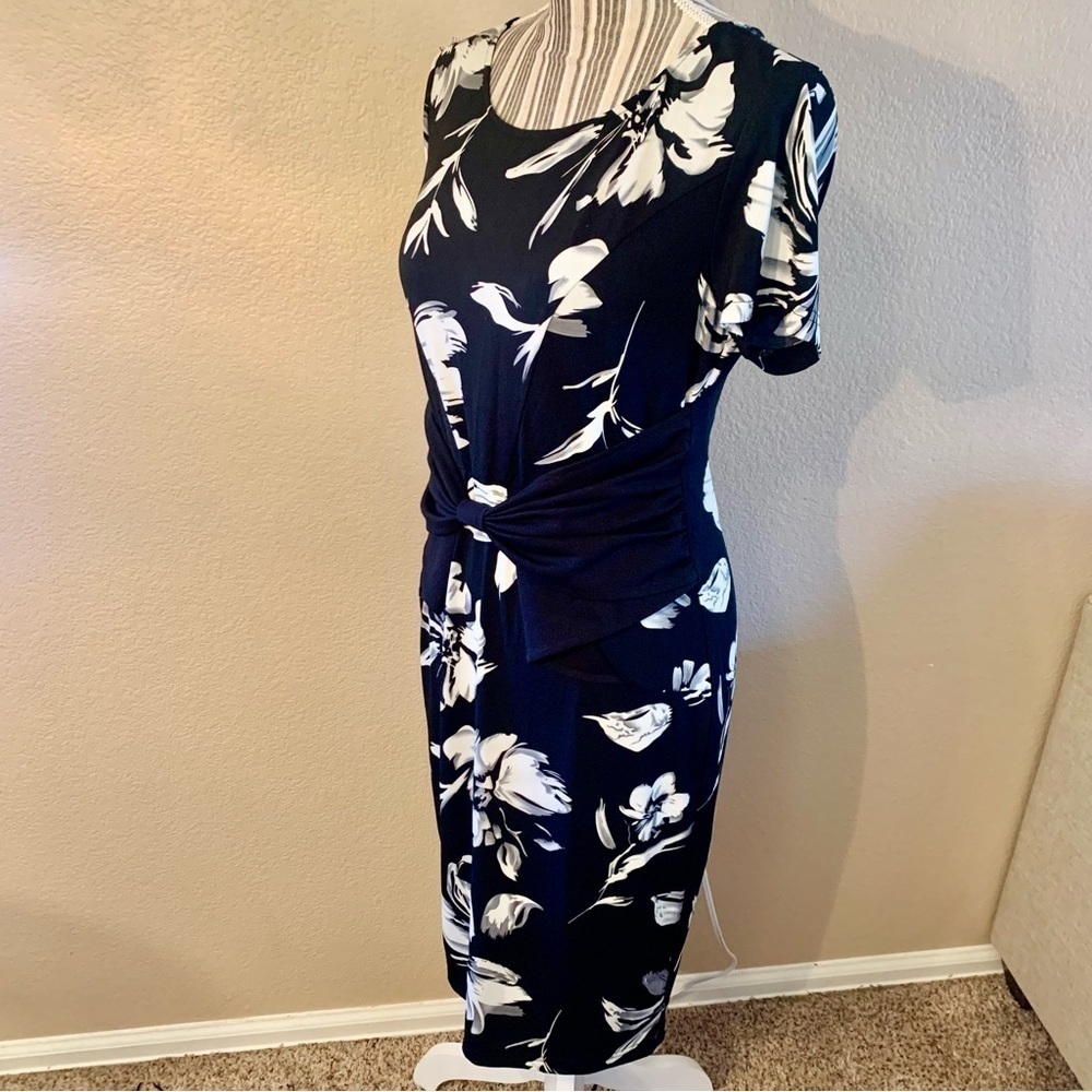 NWT VfEmage Dress Med Black White Floral Short Sleeve Black Bow at Waist Midi - Picture 6 of 16
